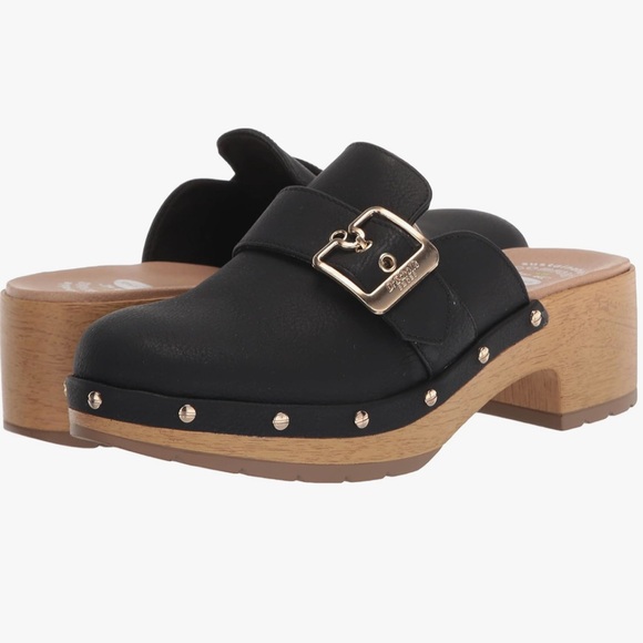 DR. SCHOLL’S BLACK CLOGS COMFORT WOMENS MANMADE GOLD STUD BUCKLE ACCENTS NEW - Picture 1 of 11